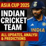Indian cricket player in blue jersey and helmet with bold Asia Cup 2025 title and match update text on stadium background
