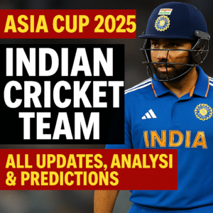 Indian cricket player in blue jersey and helmet with bold Asia Cup 2025 title and match update text on stadium background
